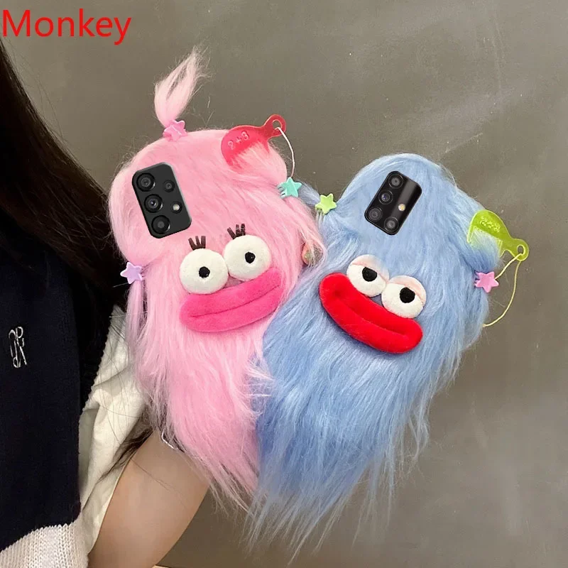 3D Korean Funny Fluffy Plush Monster Case For Samsung A03 A13 A23 A33 A53 A73 A51 A71 A21S M13 M14 M53 M54 A9 A7 Cute Soft Cover