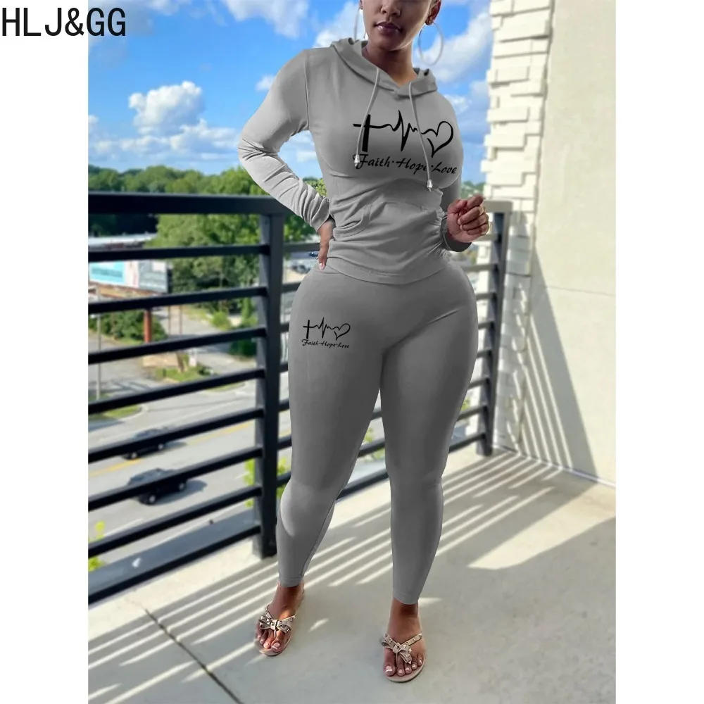 

HLJ&GG Casual Printing Jogger Pants Sets Women Long Sleeve Hooded Sweatshirt And Pants Two Piece Outfits Female 2pcs Tracksuits