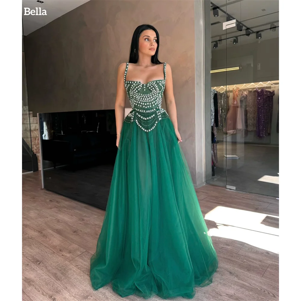 

Bella Customized Square Collar A-Line Green robes de soirée Crystal Floral Pin Sleeveless Party Dresses Tulle Prom Dress 2025