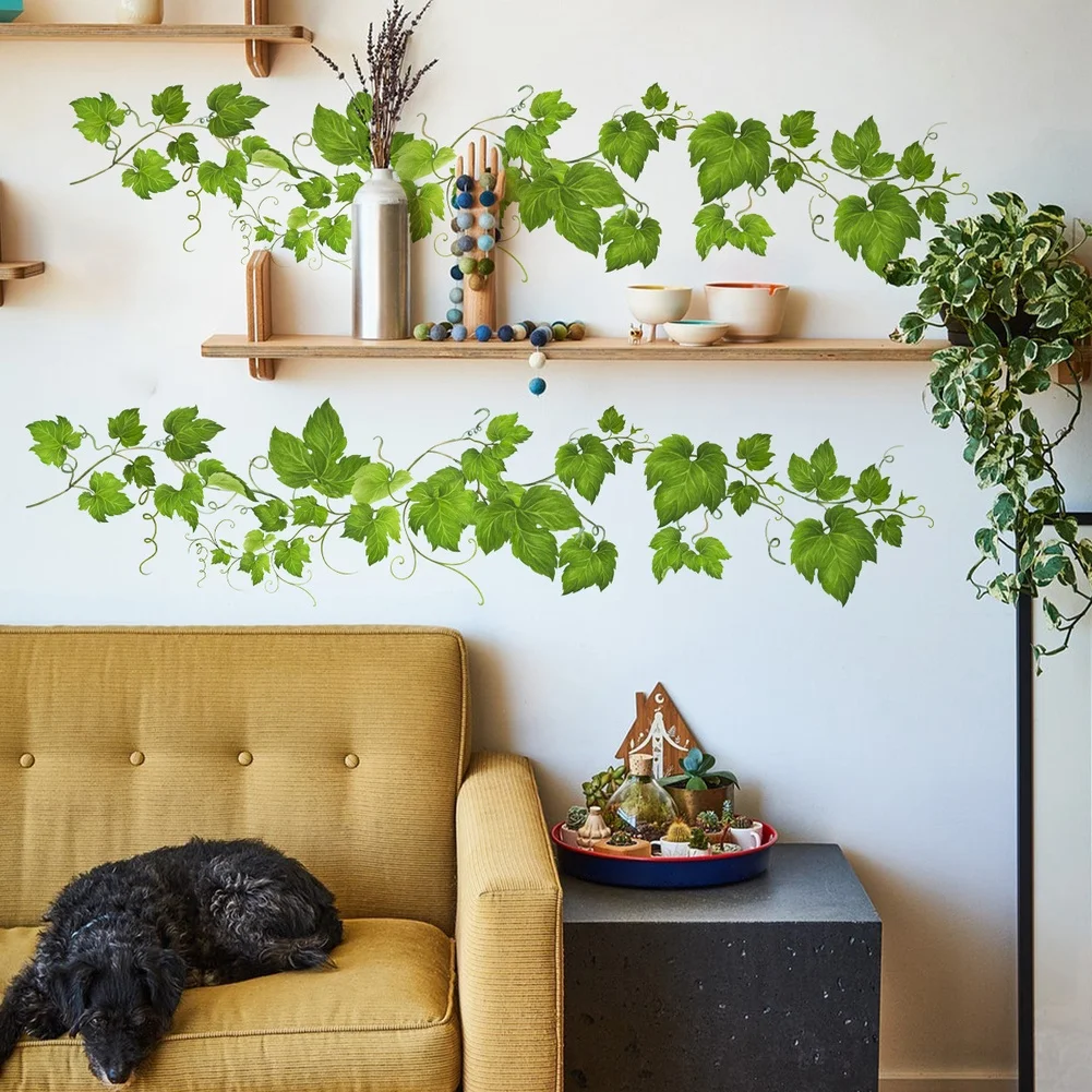 PVC Botanical Wall Sticker Featuring Green Leaves and Blooms for Modern Indoor Decor Living Room Study Bedroom Use