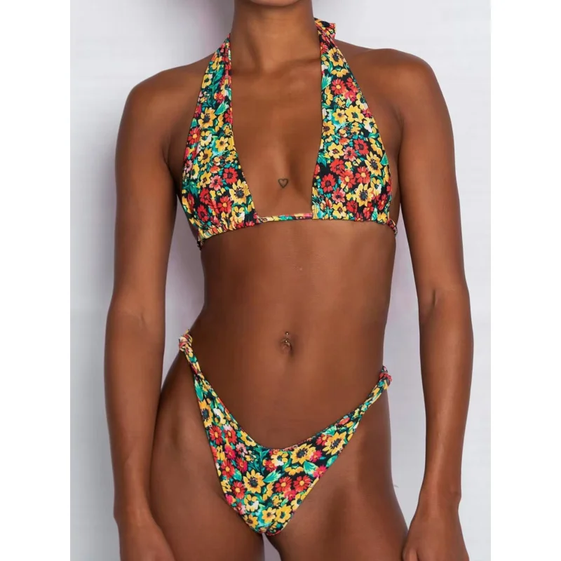 

New Floral Soft Bag Halter Neck Tie Knot Sexy Two-Piece Bikini Summer Beach Fashion Women's Swimsuit