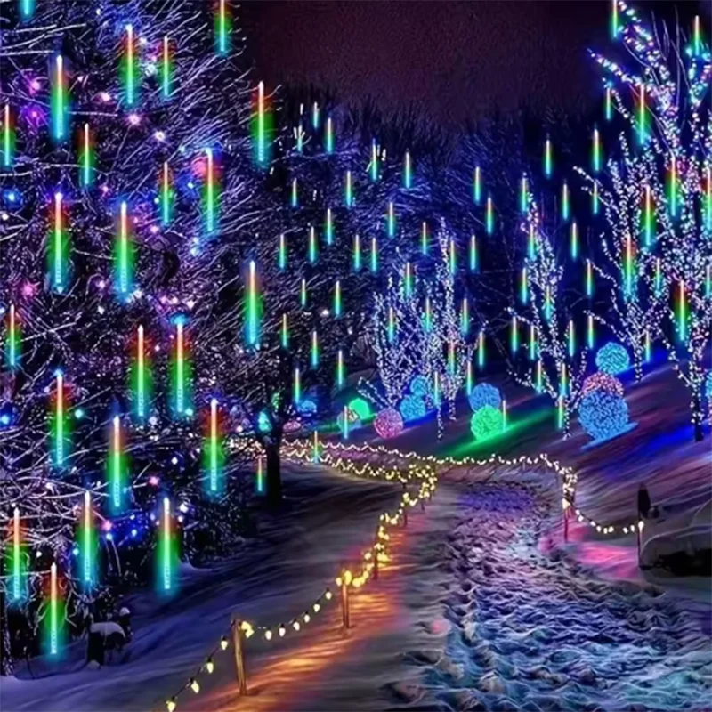Solar Powered 8 Tubes Meteor Shower Lights EU LED Falling Raindrop String Lights Waterproof Fairy Lights Garden Holiday Decor 30