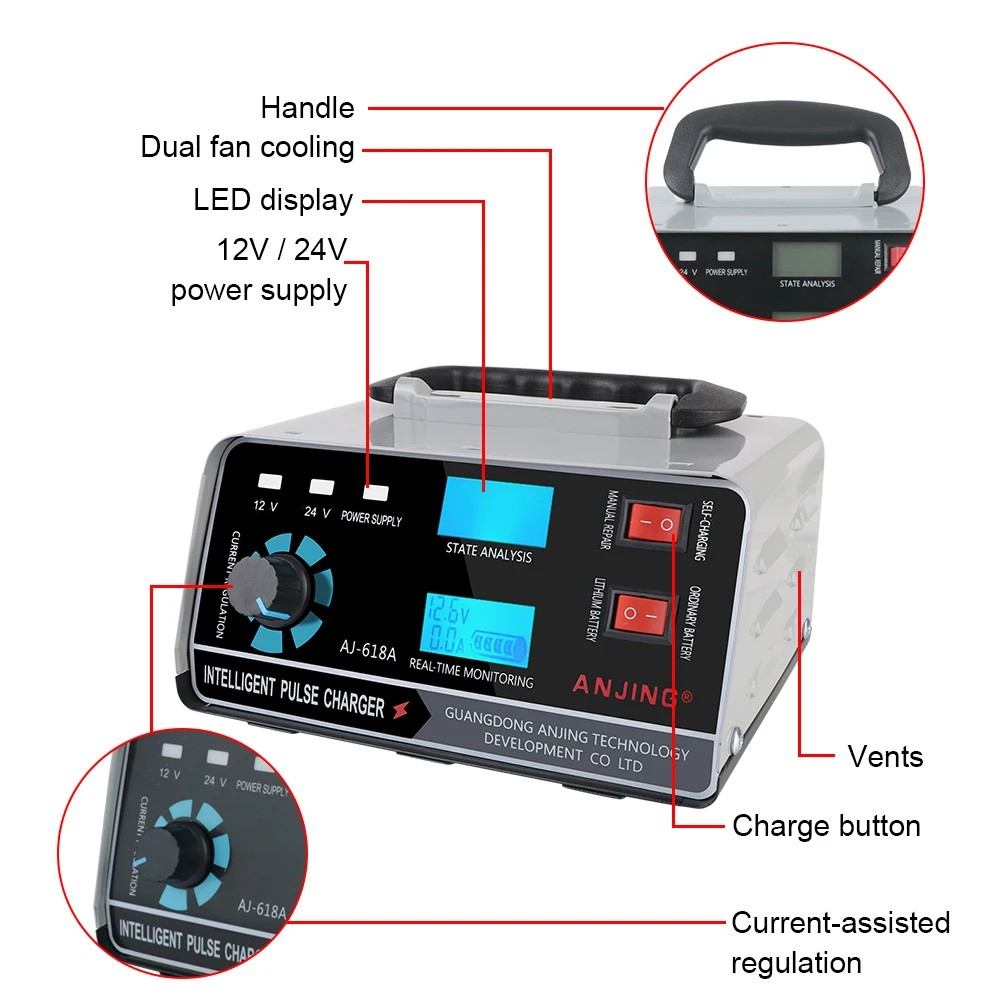 5 단 파워 펄스 수리 충전기, 12V, 24V 자동 배터리 충전기, 400W 디지털 LCD 디스플레이, 습식 건식 납산