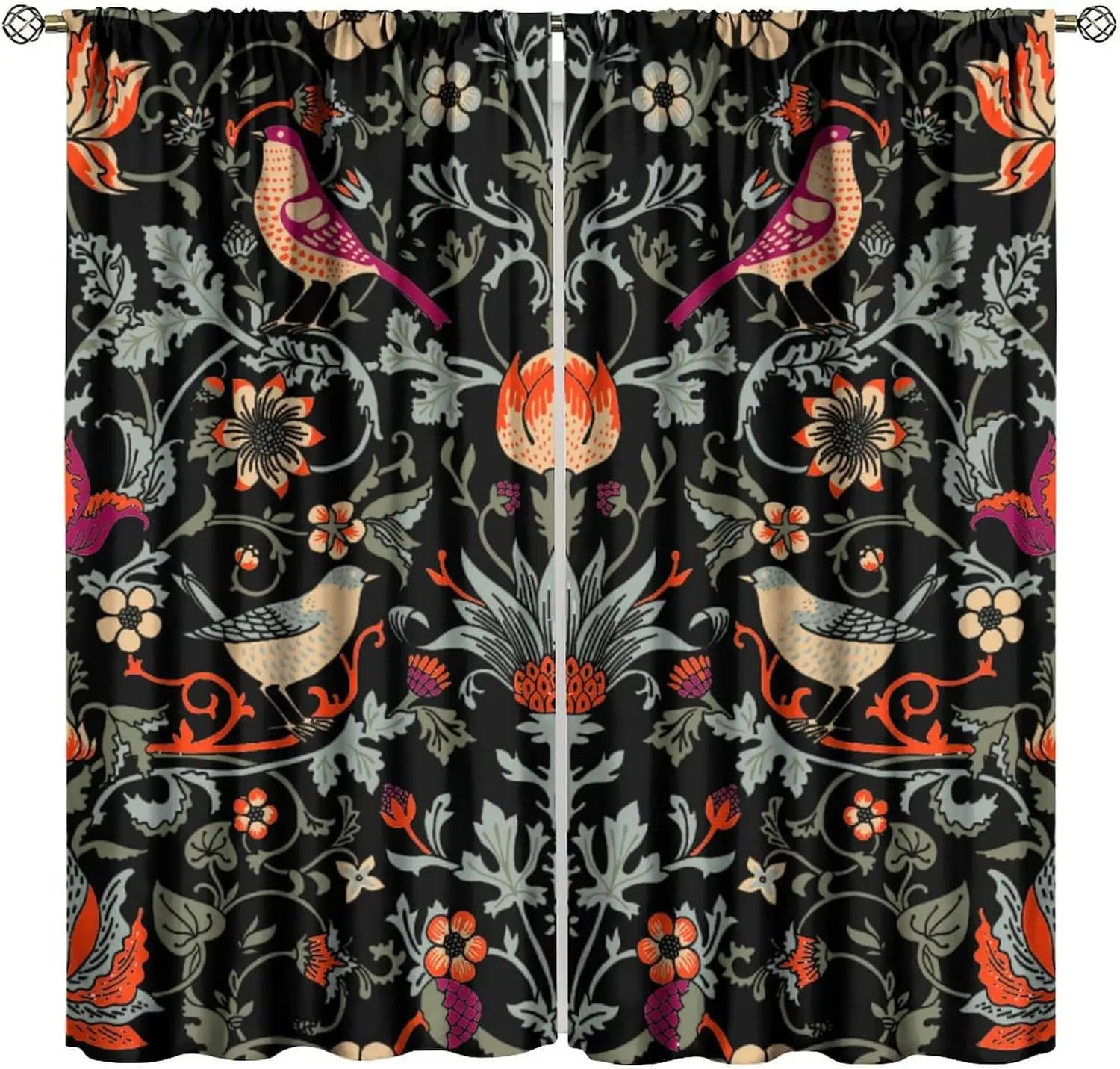 

William Morris Blackout Curtains, Watercolor Vintage Flower Bird Art Style Print Window Treatment, for Living Room Bedroom 42" W