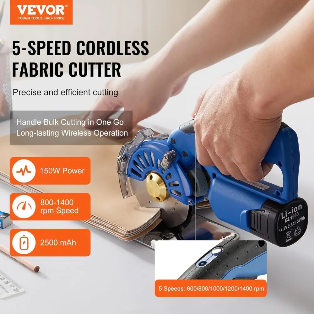 

5-Speed Cordless Electric Rotary Fabric Cutter, 1.1" Cutting Thickness, Octagonal Blade for Multi-Layer Cloth Leather