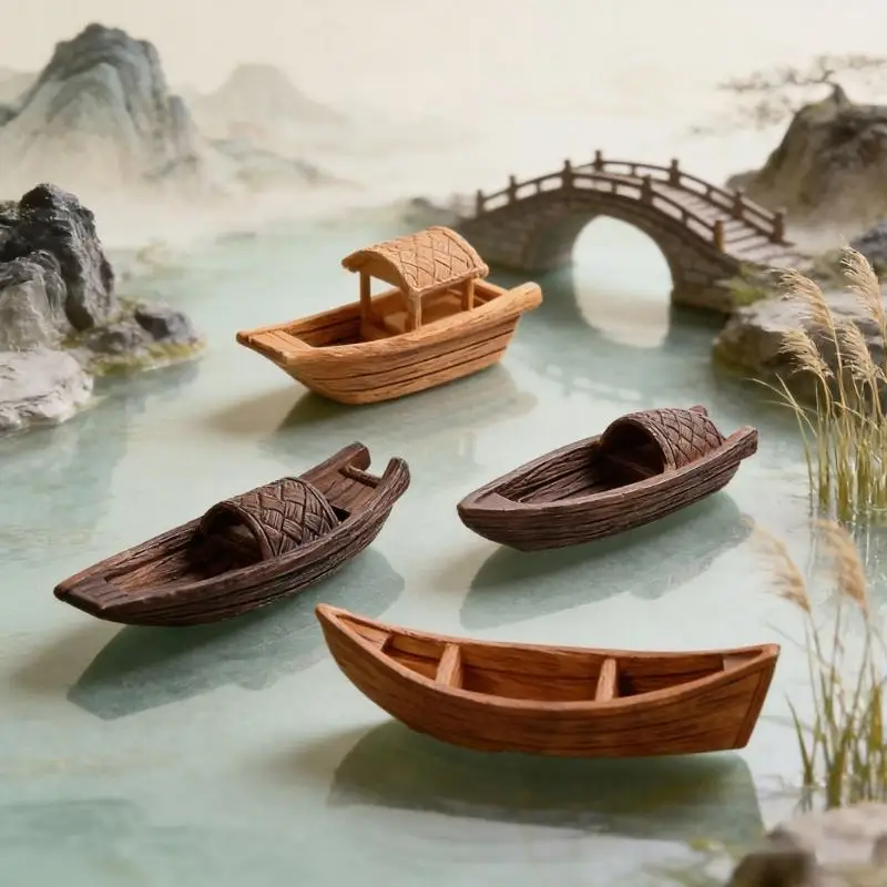 Miniature Boats Figurine Awning Boats Statue Mini Vessel Figure Collection Molded for Miniature Display Themes with 37JD