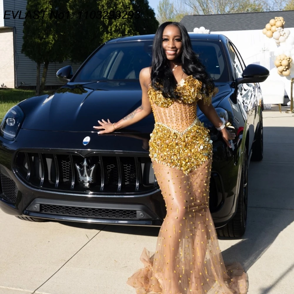 EVLAST Customized Gold Prom Dress Beaded Rhinestones Mermaid See Through African Party Dress Black Girls Robe De Soirée  FP229