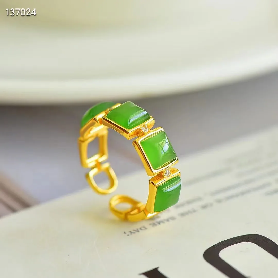 

Natural 100% real 925 sterling silver rings inlaid real green hetian jade rings Open Rings for women engagement gift men