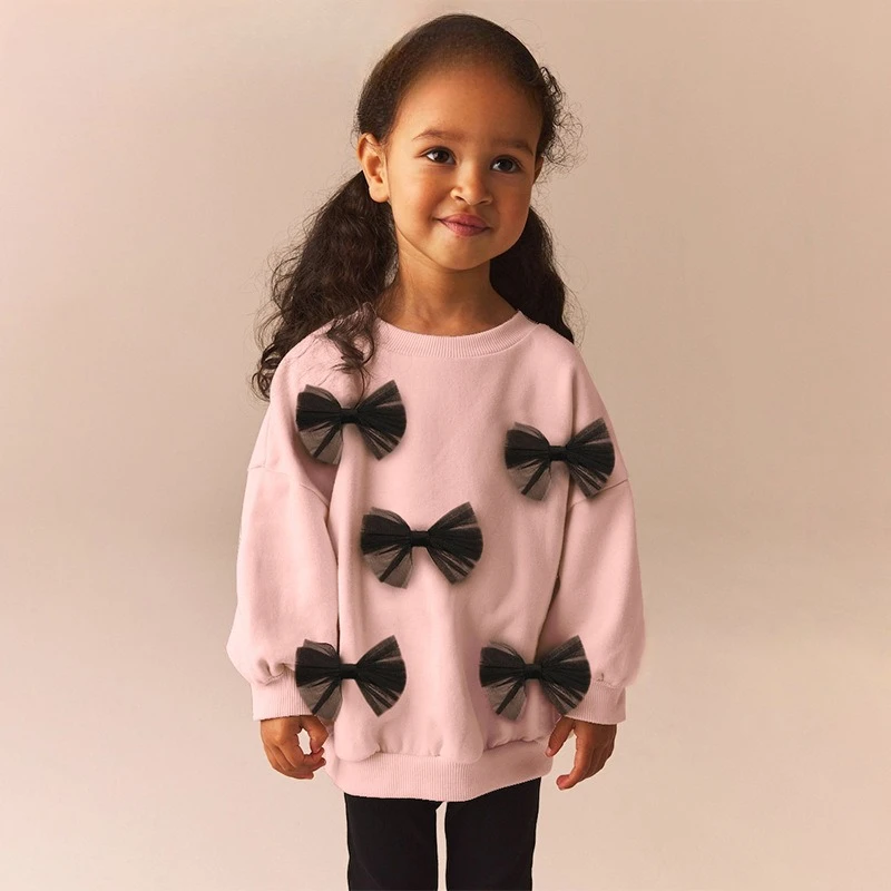 

Толстовка с круглым вырезом, пуловер с длинными рукавами для девочек, детский весенне-осенний новый милый милый бант с длинными рукавами, модный