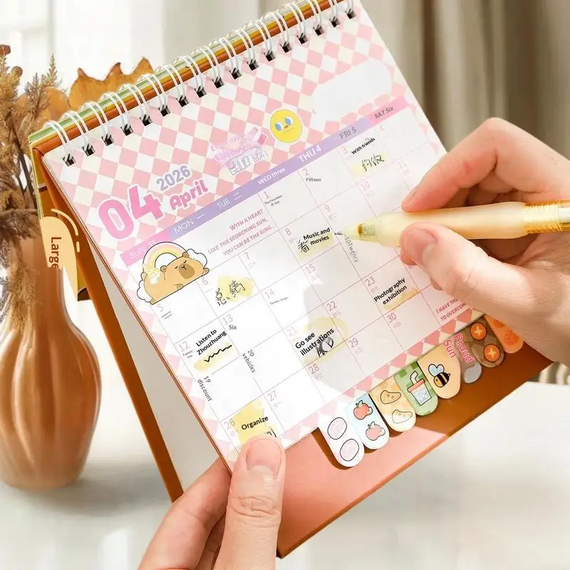 2026 Portable Desk Calendar with Coil Binding Capybara/Panda Design Mini Desktop Schedule Planner for Office And School