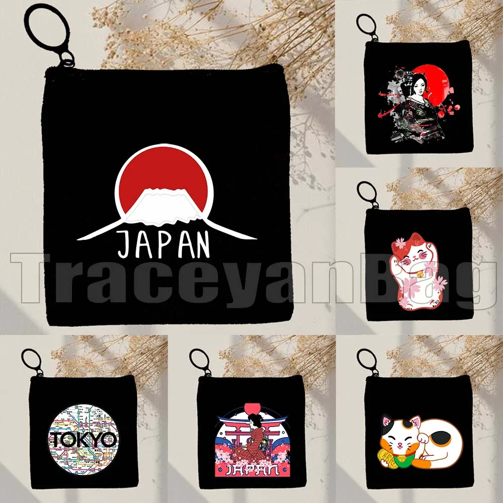 

TOKYO Maneki Neko Cute Japanese Lucky Cat Mount Fuji Janpan Style Print Canvas Coin Purse Key Case Small Bag Wallet Zipper Pouch