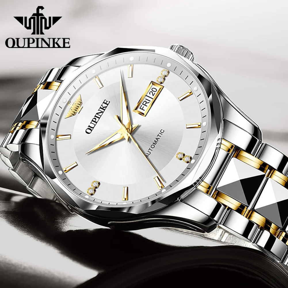 OUPINKE 3295 Jam Tangan Pria Asli Jam Tangan Pria Mekanis Cermin Safir Bercahaya Kedap Air Tanggal Otomatis Berlian