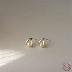Simple Temperament INS Pearl Geometric Stud Earrings for Women 925 Sterling Silver 14k Gold Plated Jewelry Gift