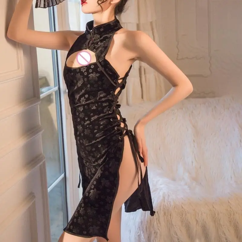 مثير الجانبي شق شونغسام مع جوارب طويلة للنساء ، والبئمة cheongsam بلا أكمام #6