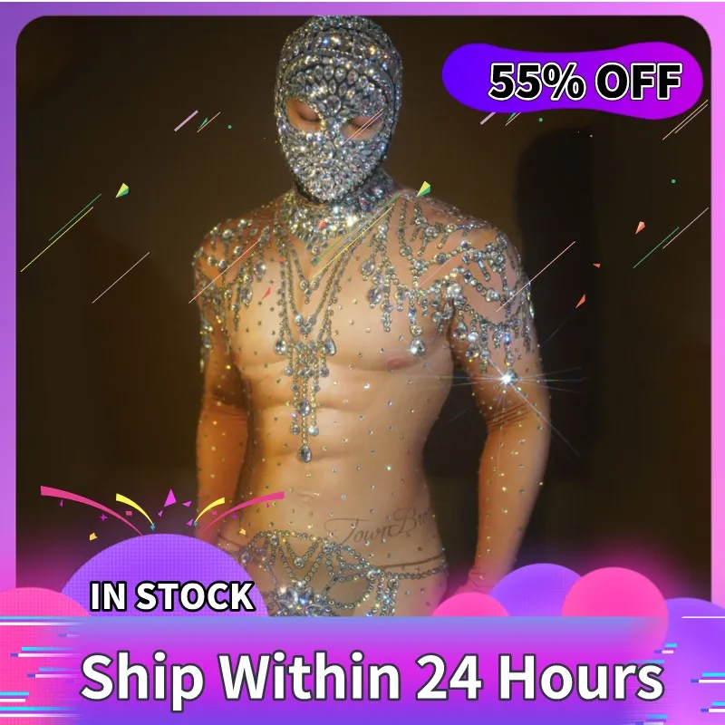 

Sexy Rhinestones Rompers Muscle Man Nude Print Jumpsuit Stones Headwear Male Gogo Dancer Costume Pole Dance Festival Outfit 3743