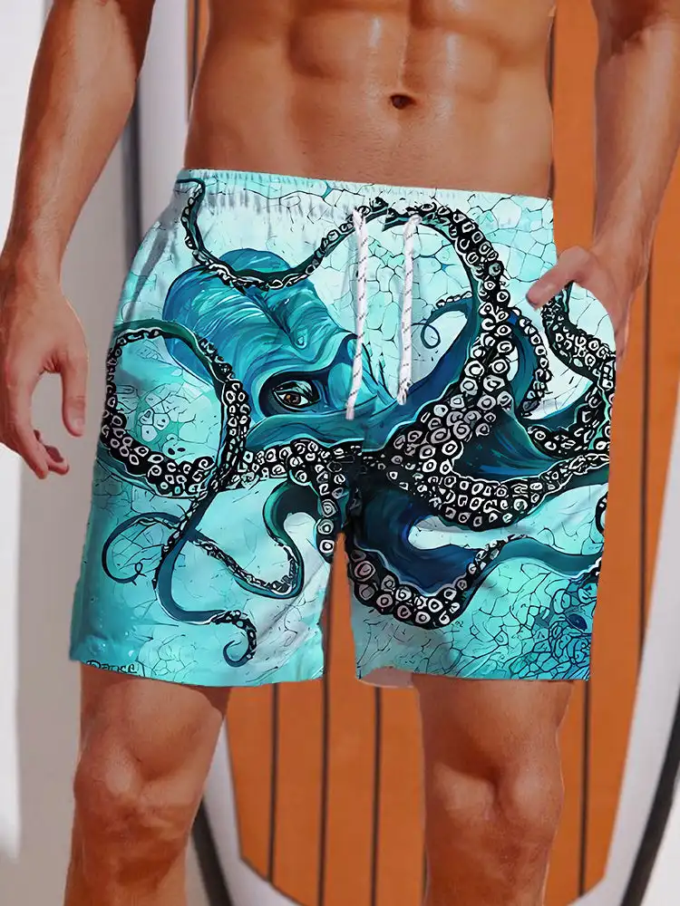 2024 Summer 3D Printed Ukiyo-E Fierce Dragon Printing Shorts Men\'s Board Shorts Swim Trunks Drawstring Breathable Short