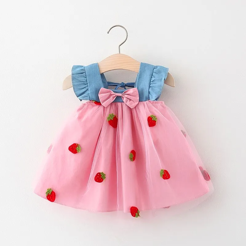 Summer Girl\'s Little Fly Sleeve Bow Denim Patchwork Embroidered Mesh Princess Dress Baby Summer Party Cute Dress