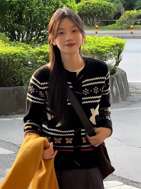 

Вязаный свитер в стиле ретро Fair Isle, женский осенне-зимний новый длинный свек, круглый вязаный кардиган с вышивкой Ne Bla, топ