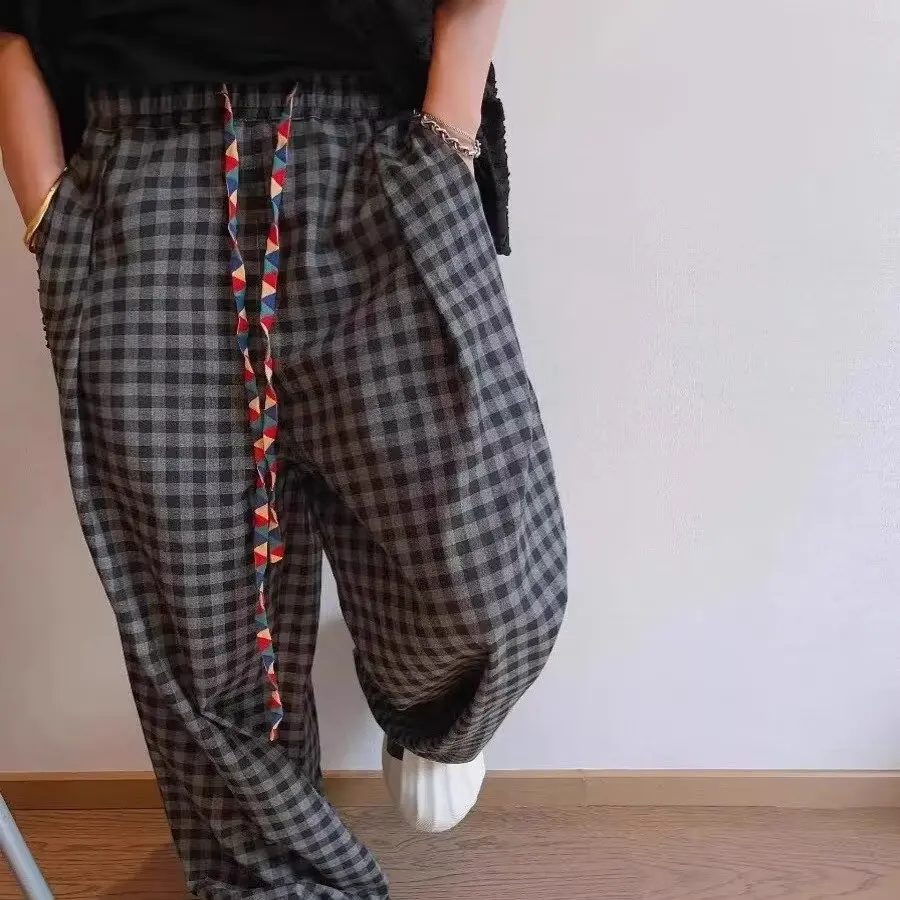 

Retro American Cleanfit Stripe Plaid Lightweight Men's Casual Pants Spring Summer Loose Wide Leg Trousers