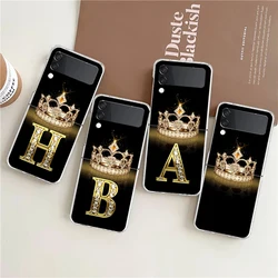 Phone Case For Samsung Galaxy Z Flip 3 4 5 fold Hard PC Shell For Galaxy Z Flip 3 5 Clear Cover Diamond Crown Letter 26 Letters