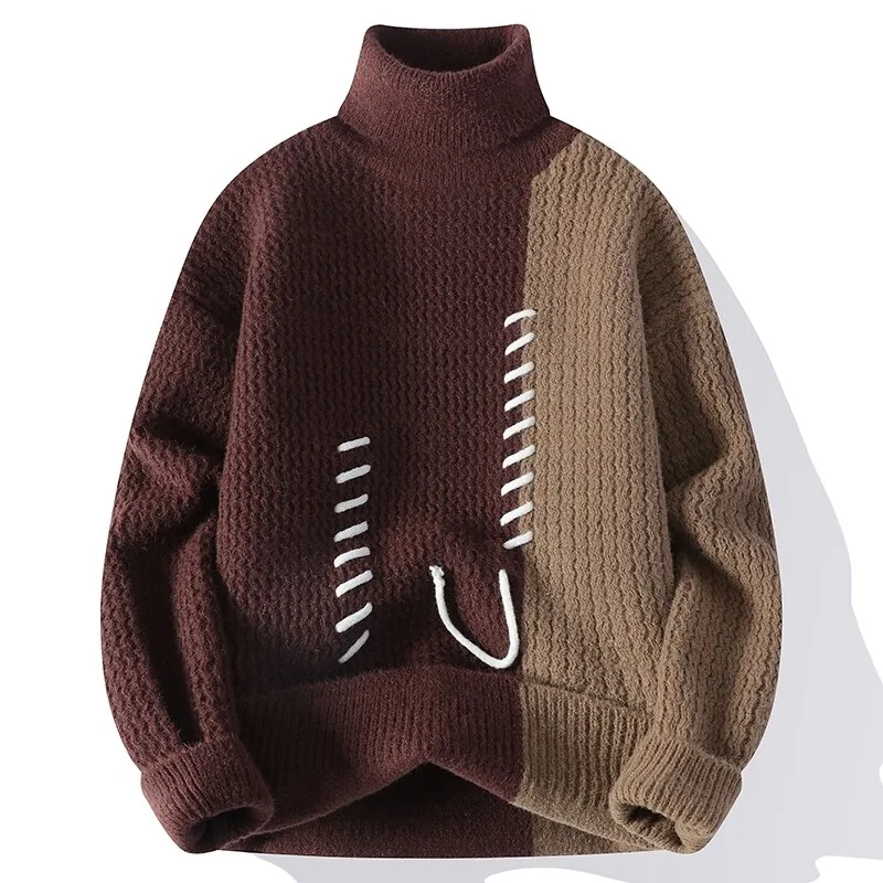 Autumn Winter Men\'s Knitted Turtleneck Sweater Fashion Patchwork Casual Knit Pullovers Men Loose Warm Pull Sweaters Streetwear