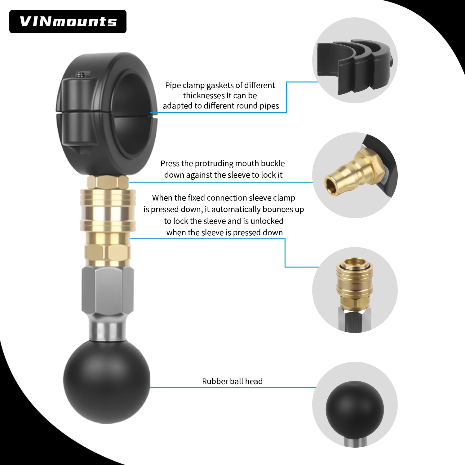 

VINmounts Aluminum Alloy Quick Release Ball Clamp Mount 28-38mm Tube, 1.5” Ball for RAM Mounts Fish Finder Boat
