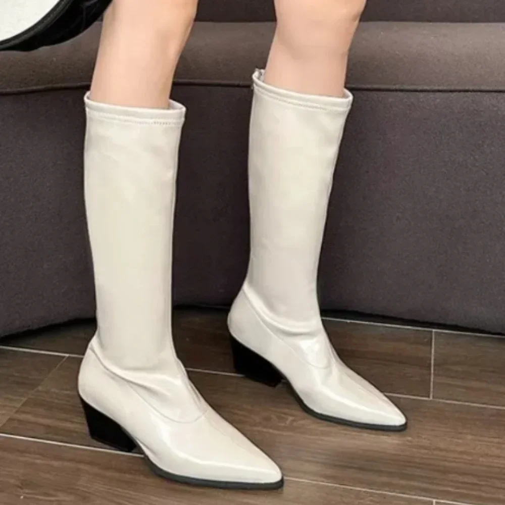 

Женские сапоги до колена с острым носком, однотонные ботинки с молнией сзади, дизайн 2024, зимняя мода, женские ботинки «Челси» на среднем каблуке, размер 35-4