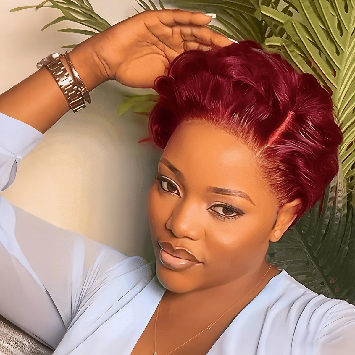 

99J Colored Short Curly Wave Pixie Cut Wigs 13x4 Lace Frontal Human Hair Wigs for Women