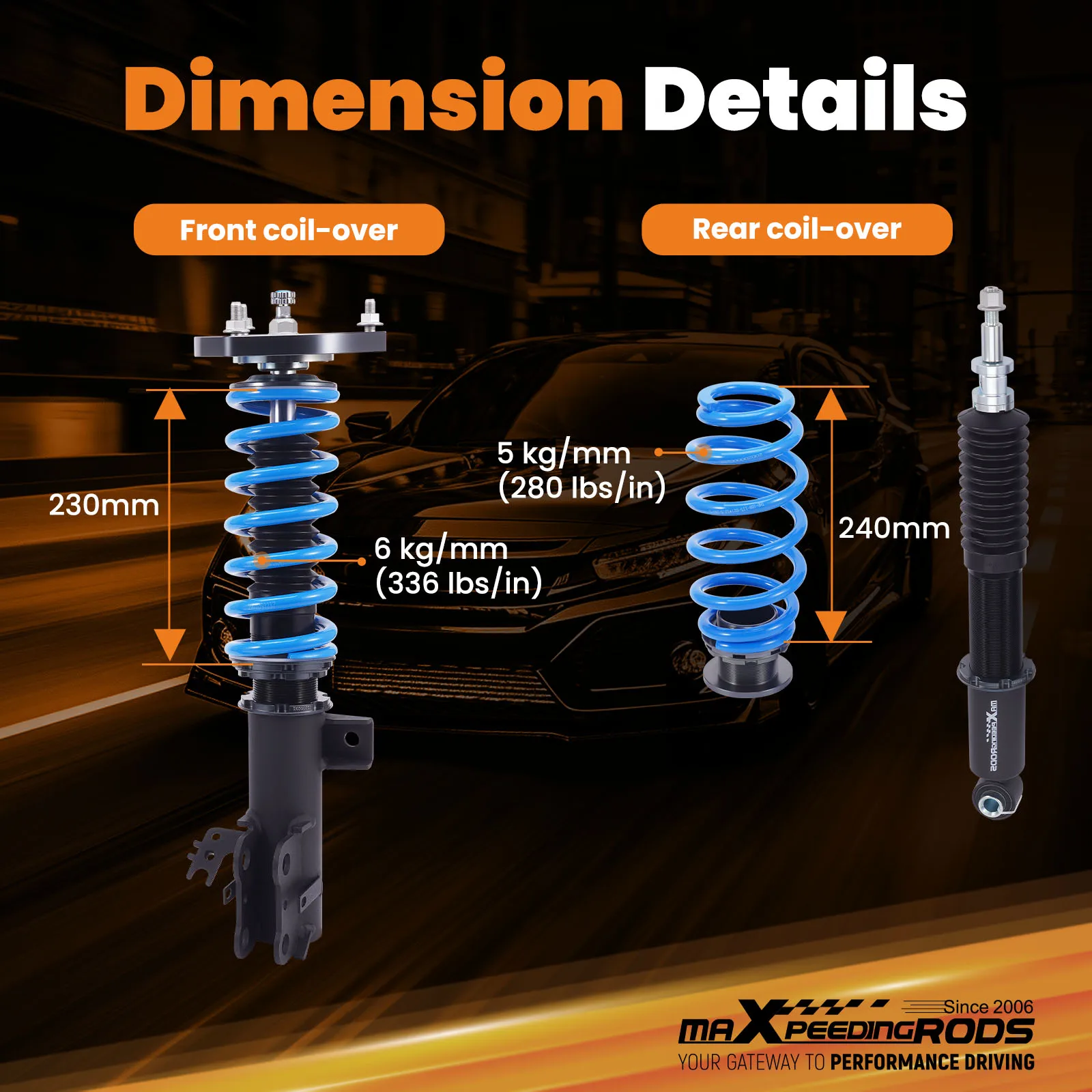 Toyota Camry L/LE/XLE 2018-2022용 24단계 댐퍼 조절식 코일오버 키트