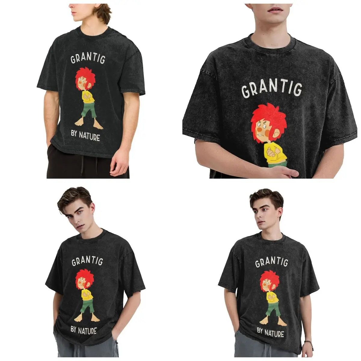 

Pumuckl Grantig By Nature Hip Hop Short Sleeve T-Shirts Washed Tops Tees Streetwear T Shirt Vintage for Men Women