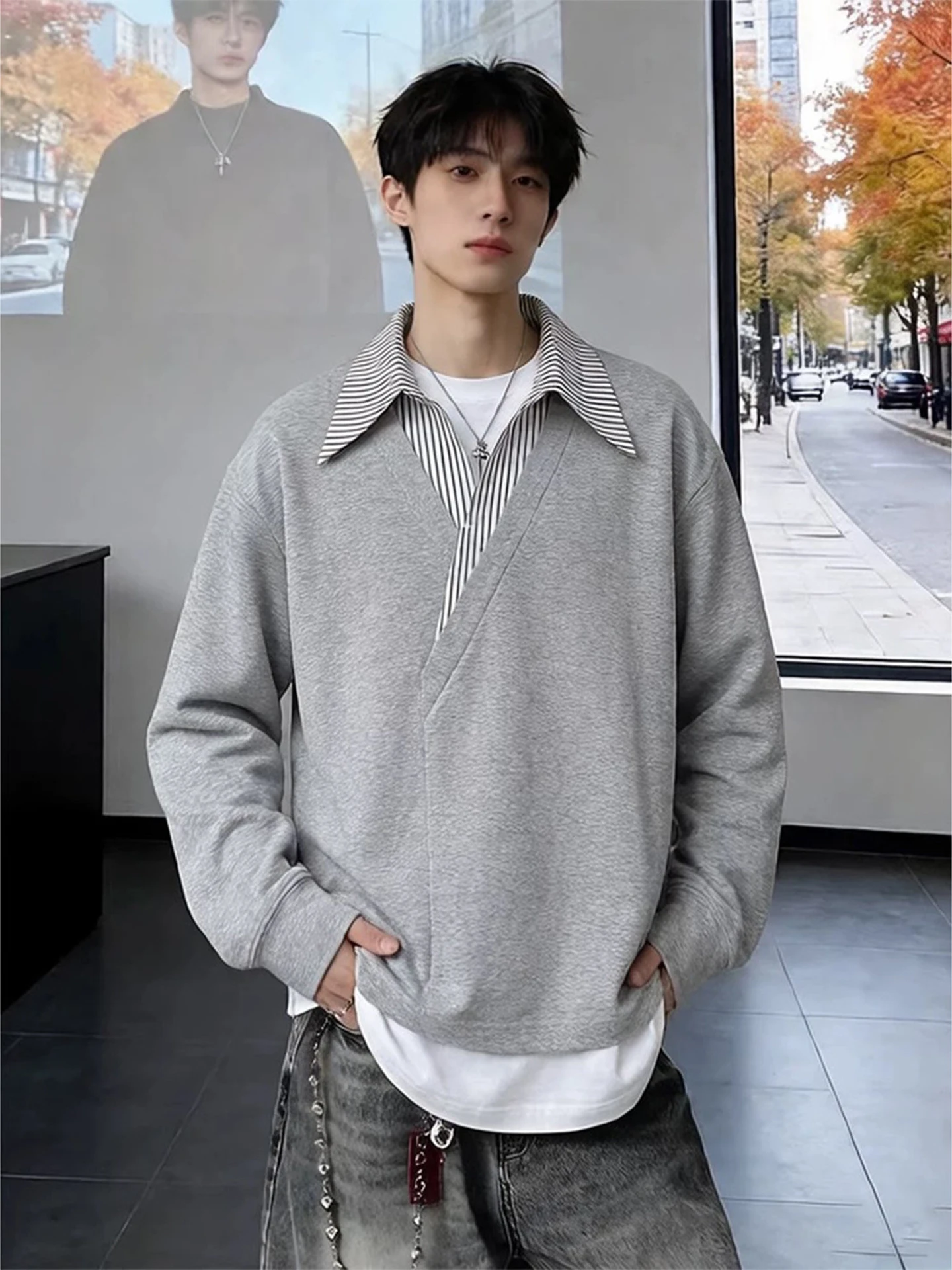 

ey irt Hoodie Men's Long Sve V-Ne T-irt Casual Sli Spring Autumn High Quali Fake Two-Piece Cotton Polye...