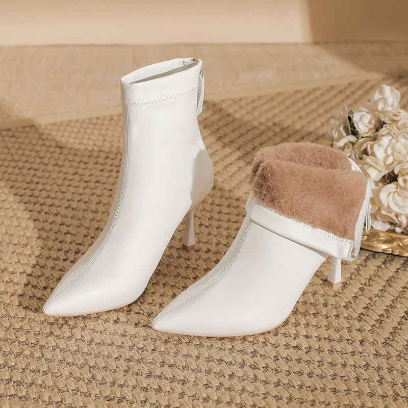 

32-43 Winter Women's Pointed Toe Ankle Boots Fur Lined Warm High Heels Zip Design Slim Short Boots Elegant Party Office Shoes