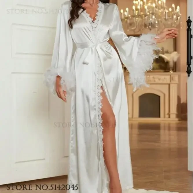 Sexy Backless Lace Bride Wedding Long Robe Kimono Bathrobe Gown Fashion Luxury Nightgown Home Dress Loose Ice Silk Sleepwear view 3