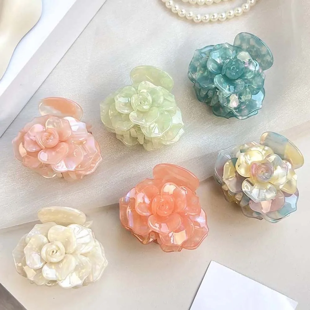 

Elegant Camellia Hair Claw Korean Style Gradient Color Flower Shark Clip Acrylic Hairgrips Acetic Acid Hair Claw Women