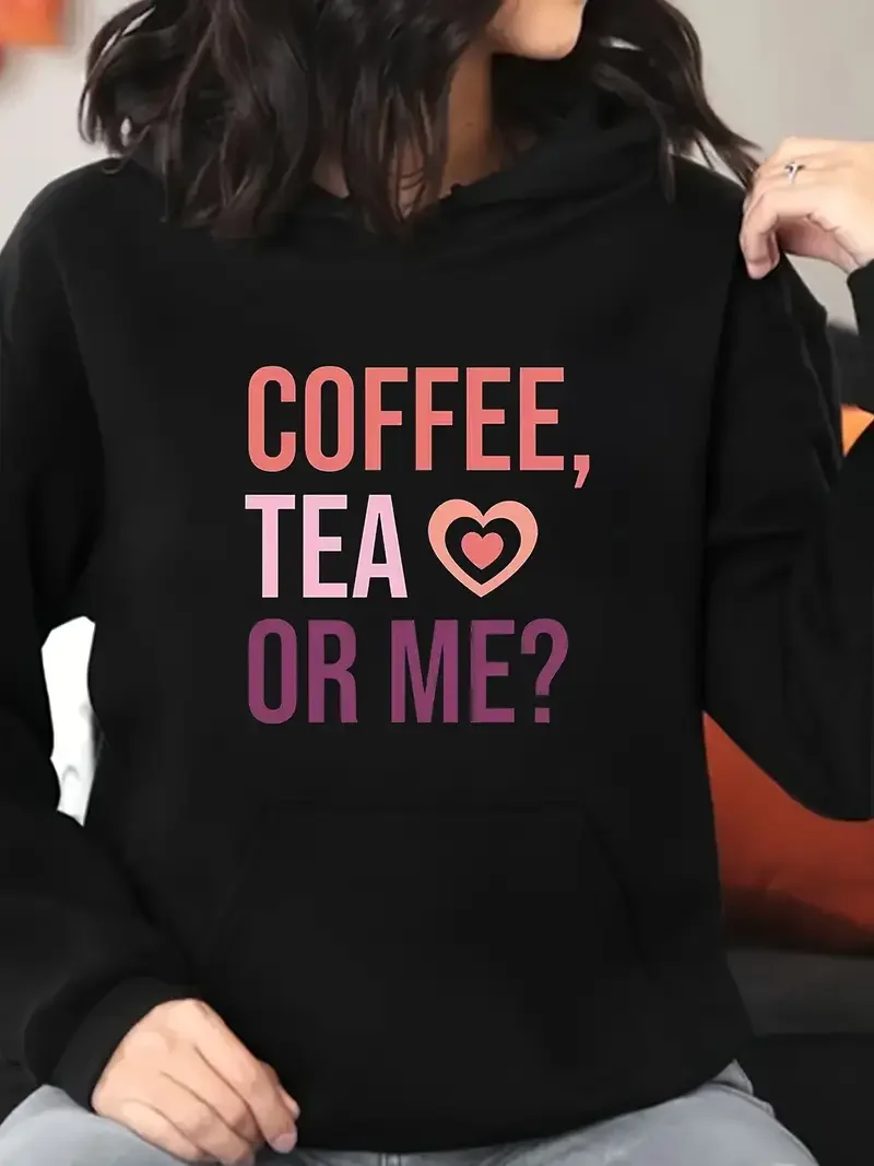 

Стильная толстовка больших размеров с капюшоном «Кофе, чай или я» и принтом с длинными рукавами, женский пуловер с капюшоном на шнурке, толстовка 550 г/м2, одежда Y2k