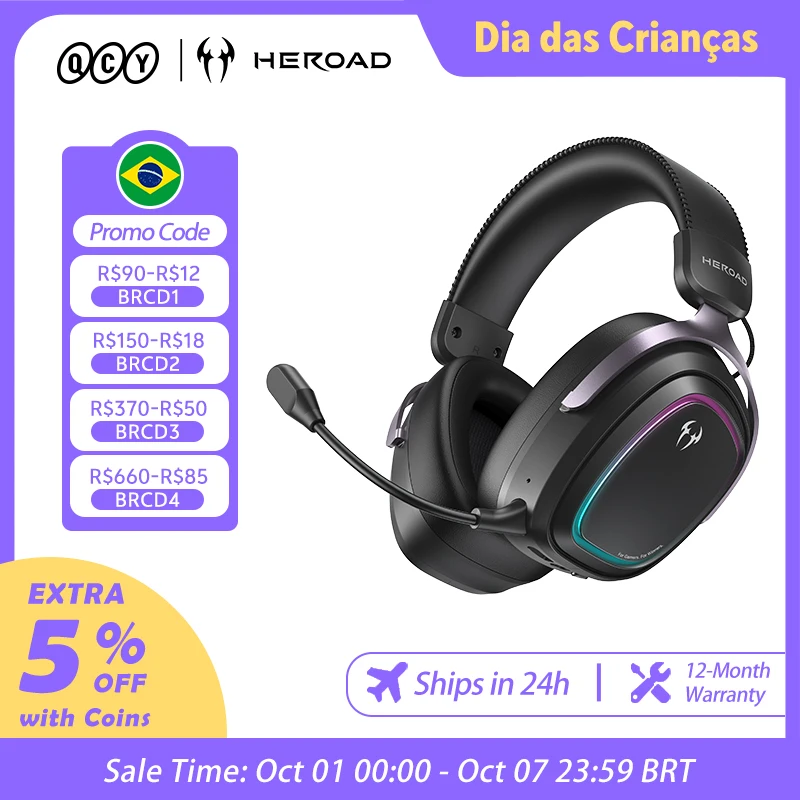 Fone QCY Headset Gamer BH26H5GMA Heroad GT2 THX Spatial Audio+ 7.1.4 RGB Tri-Mode 3 Microfones com ENC para PC PS4 PS5
