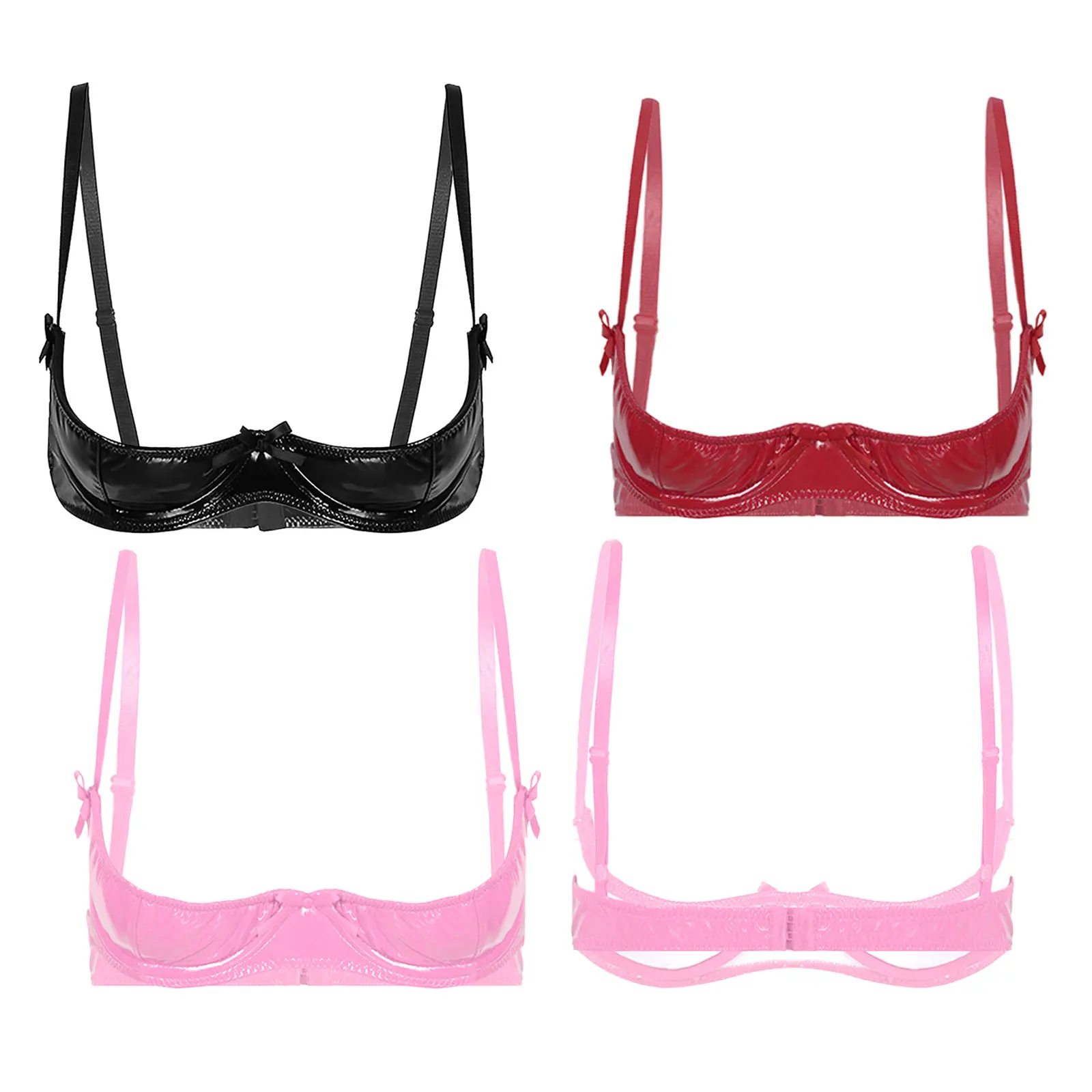 Womens Lingerie Open Breast Cup Bra Patent Leather Underwired Bra Underwear Adjustable Shoulder Straps Unlined Cupless Brassiere