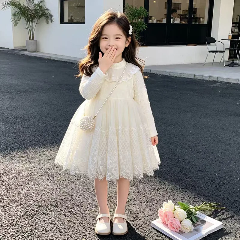 Girls Set 2026 Fall Korean White Sweet Lace Undershirt Top Sleeveless Mesh Princess Dress Two Piece Set