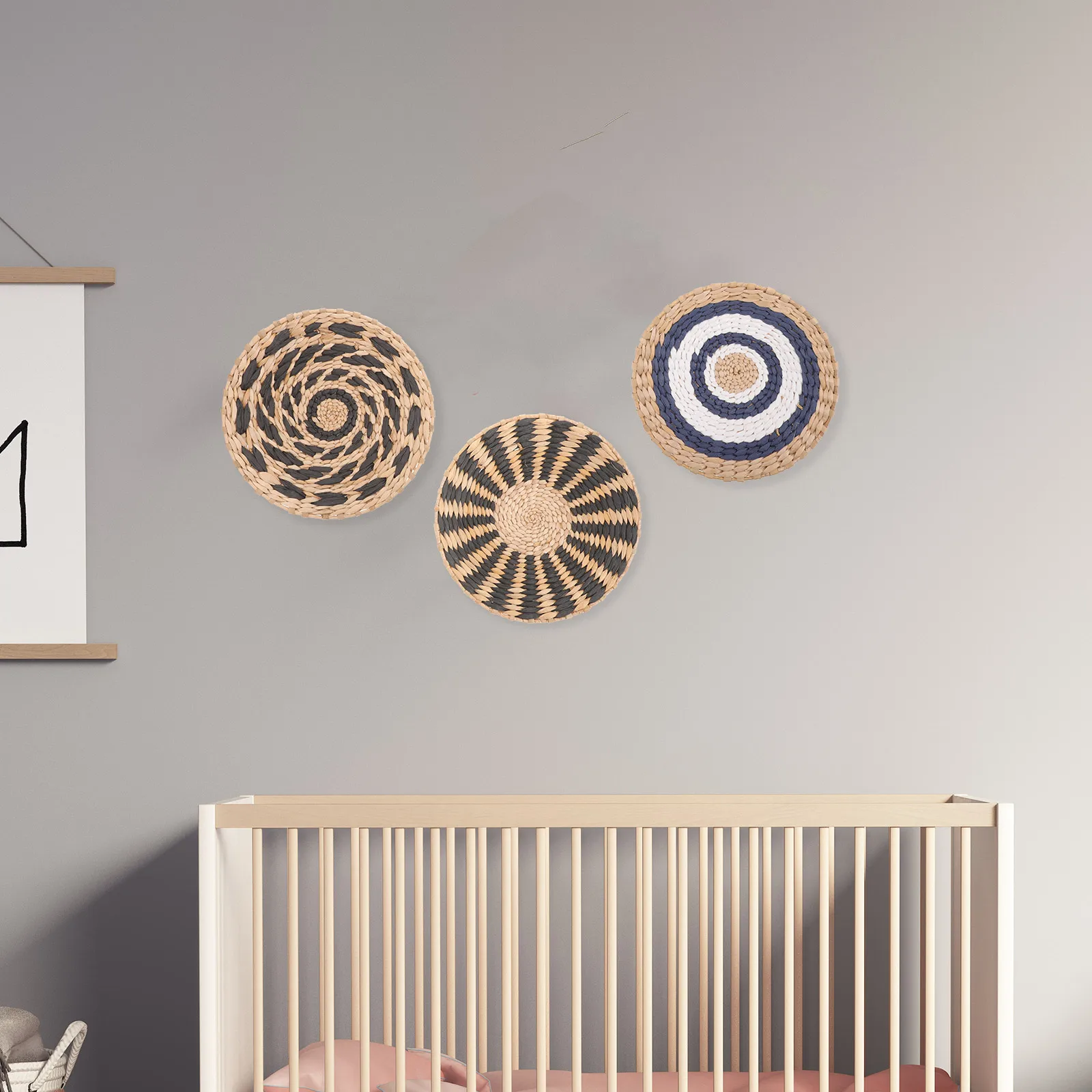 

3 Pcs Straw Wall Decor Baskets H woven Wicker Small Flat Mount Hanging Decorative Plates for Home Art Craft Storage