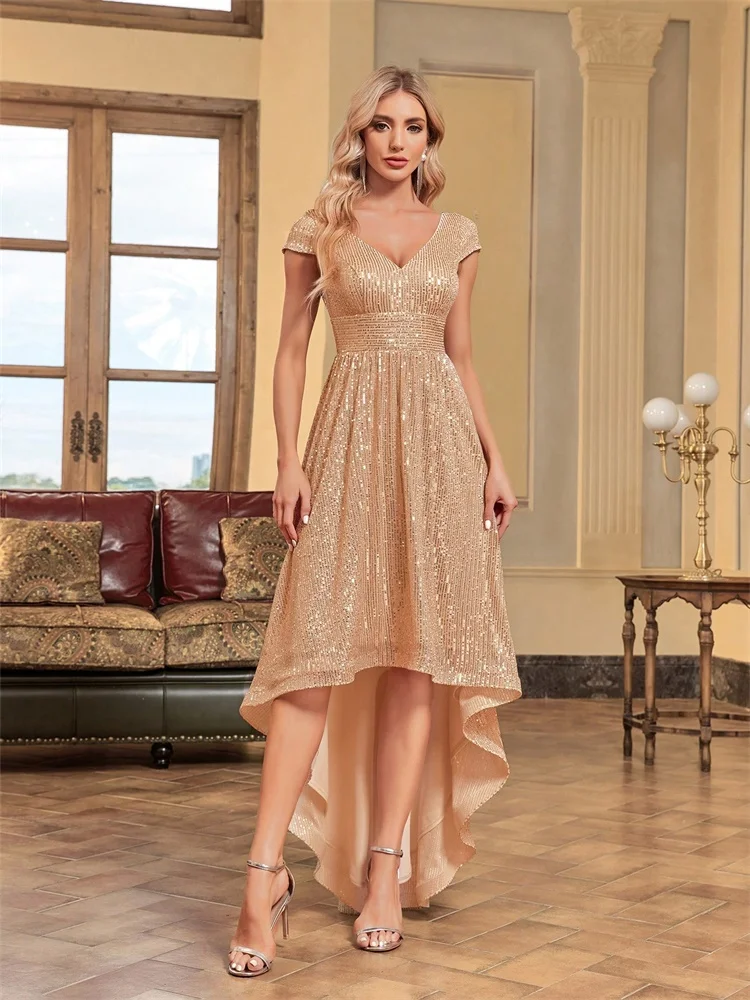

Elegant Women Cap Sleeves Sequins Floor Length Formal Evening Dresses Luxury V-neck Trailing Party A-line Cocktail Gowns
