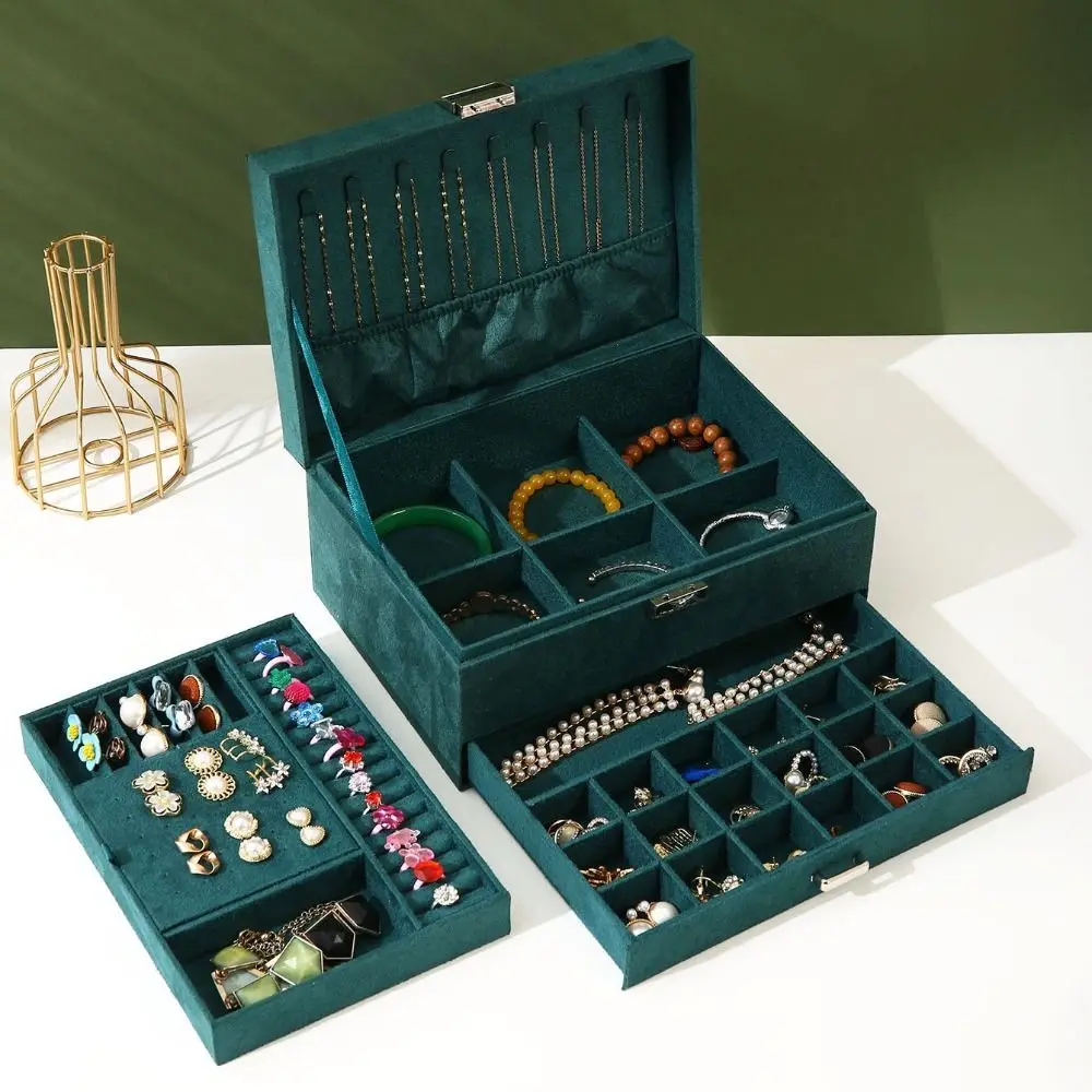 Velvet Jewelry Storage Box With Lock And Drawer Large Capacity Earring Ring Organizer 3 Layers Jewelry Box Organizer For Women
