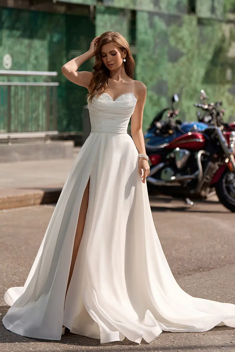 Vestido de casamento com Organza A-Line, até o chão, Side Slit Vestidos nupciais, Side Slit, personalizado para medir