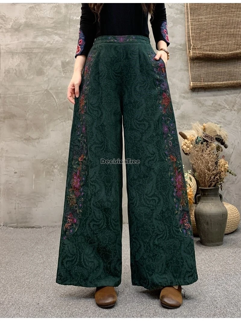 2024 new spring chinese national style wide leg trousers embroidered cotton and linen jacquard long loose style women pants w223