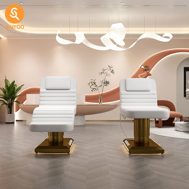 Lettino elettrico per massaggio facciale bianco con set completo di mobili da salone in vendita
