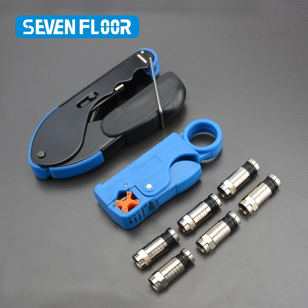 RG59,RG6 Wire Stripper Crimper Tool Kit Coaxial Cable Crimping Pliers Set With 10PCS RG6 F Compression Connectors