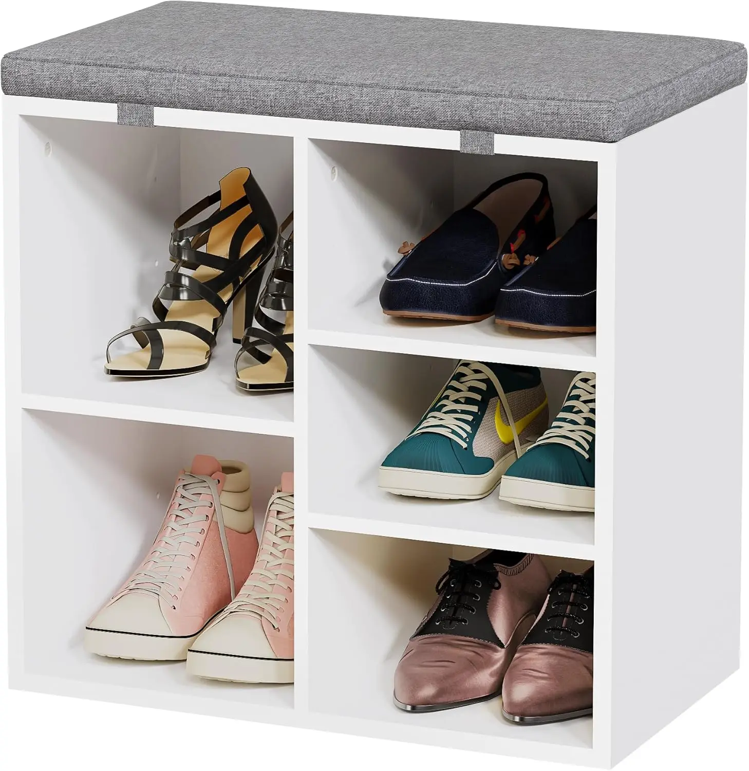 

Shoe Storage Bench With Cushion, Cubby Seat Shoe Cabinet, Small Shoe Ra Bench With 3-Tier Adjustable Shelf For Entryway,