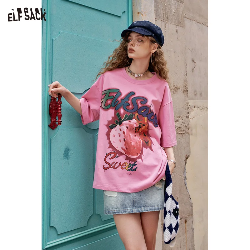 

ELFSACK 2025 Summer New Arrivals Pink Strawberry Letter Printed Casual Short Sleeve T-Shirt For Women