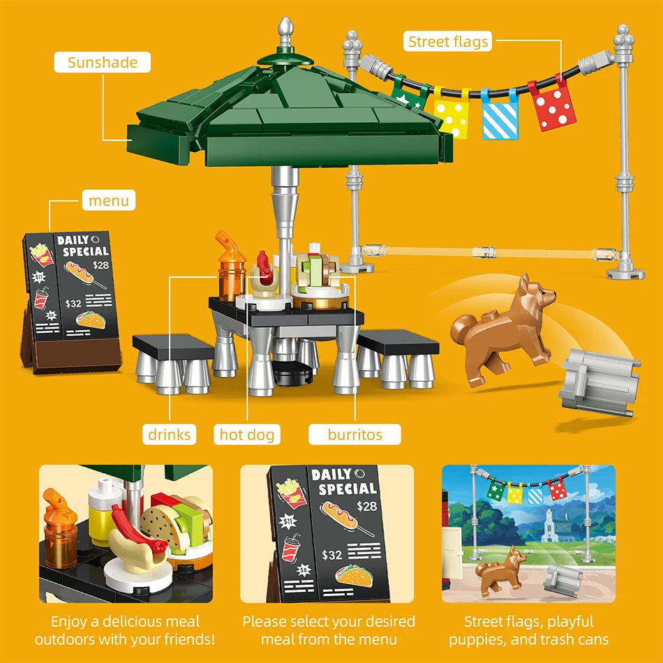 MOC Mexikanischer Taco-LKW-Bausteine, Erlebnis, Straßenverkauf, DIY-Desktop-Dekoration, Geschenk für Teenager, Erwachsene, Weihnachten, Geburtstag