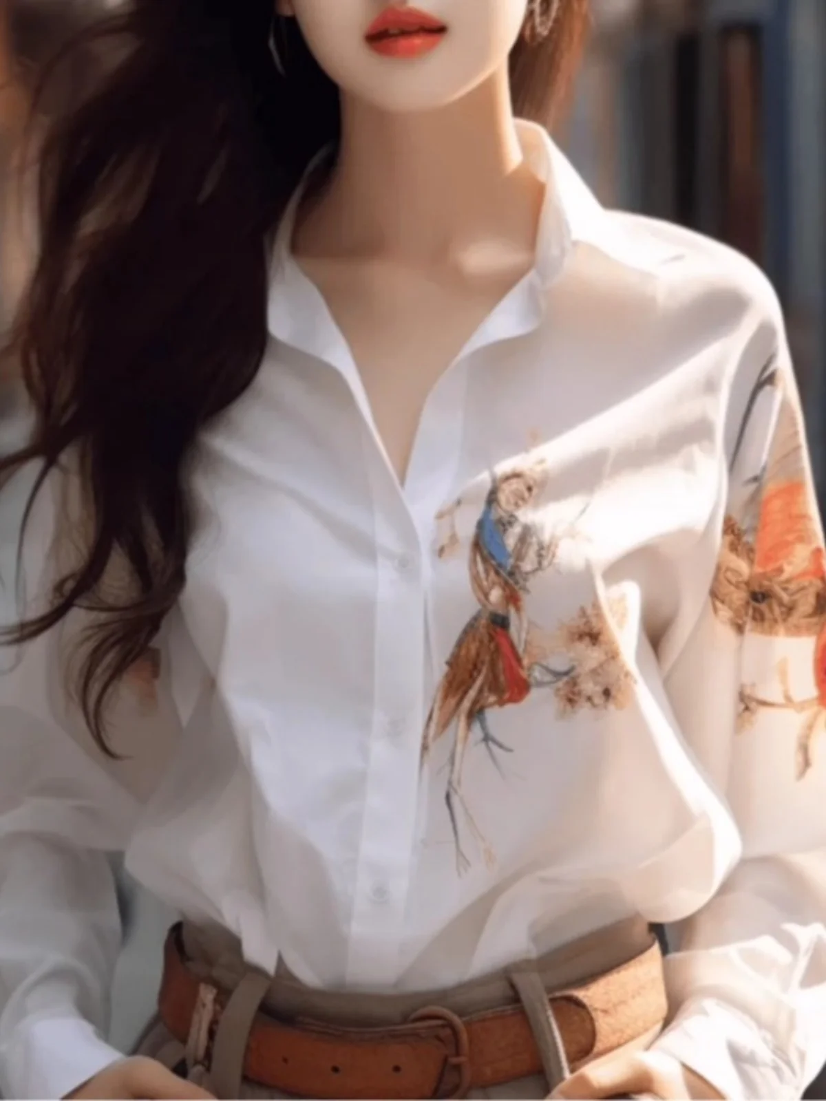

Elegant White Printed Silk Women's Shirt 2025 New Style Acetate Satin Collar Base Shirt Straight Cut Long Sleeve Polyester