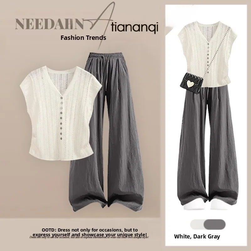 

Повседневный женский комплект из хлопка и льна: брюки с высокой талией и топ с V-образным вырезом на пуговицах, летний модный ансамбль, уникальный, не повторяющийся дизайн